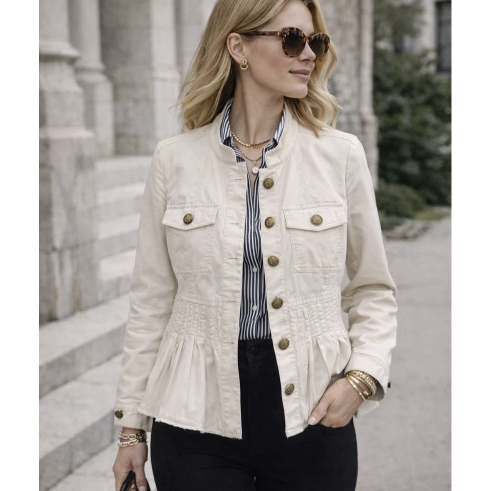 J Jill Military Peplum Jacket L Beige Gold Button Preppy Gorpcore Hipster Office